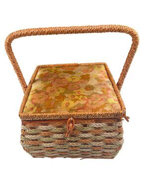 Vintage Sewing Basket With Floral Lid & Sturdy Handle